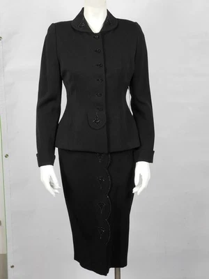 1950 Vintage Black Wool Gabardine Suit with Bead Work Embellishments - Image 1 of 4