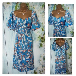 QUIZ DRESS SIZE 16, Blue abstract Sweetheart Midi puff sleeve Occasion Dress - Picture 1 of 7