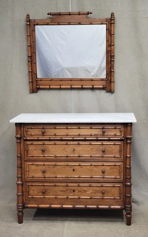 Antique French Faux Bamboo Dresser With Carrera Marble Top and Matching Mirror Cover