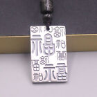 Pure Solid Fine Silver 999 Women Men Lucky Bless 福 Word Carved Rectangle Pendant