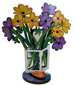 Vtg 90s David Gerstein wood Sculpture 2-SIDED Flowers #28 of 295 Israel - Picture 1 of 19