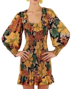 Farm Rio Women Size S Black Garden Floral Smock Balloon Sleeve Mini NEW Dress - Picture 1 of 9