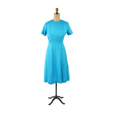 Vestido Retro Vintage Años 60 Brillante Azul Aqua Lino Manga Corta Patada Plisado Mod S Foto 1 de 4