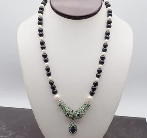 Vintage Ciondolo Zaffiro Peridoto Pavimentazione 2 Testa di Serpente Sterling Collana Perla Coltivata - Foto 1 di 8
