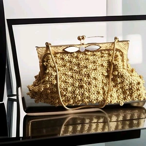 Vintage 60s Golden Crochet Purse Clutch With Mother Of Pearl Ribbon - Picture 1 of 6