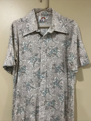 Vintage 70s California Polo Shirt Mod Retro Wide Lapel Floral Beach Design XL - Image 1 of 4