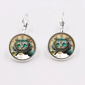 Grinning Cheshire Cat Glass Cabochon Silver Plated Handmade Leverback Earrings - Picture 1 of 2
