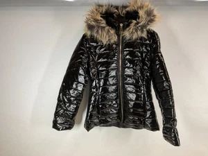 Moncler Gloss Black Coat With Faux Fur Collar Size Large - Picture 1 of 12