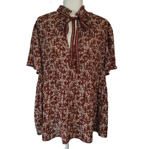 MAX STUDIO 1X Women's Boho Burgundy Floral Pleated Short Sleeve Flowy Blouse - Picture 1 of 6