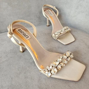 Sandali con tacco Badgley Mischka 7,5 crema raso cristalli Leanna sposa nuovi $255 - Foto 1 di 21
