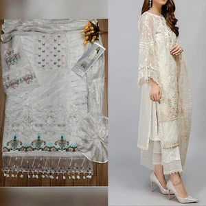 Beautiful Luxury Pakistani Dress Salwaar Kameez Eid party wear white size M New - Picture 1 of 4