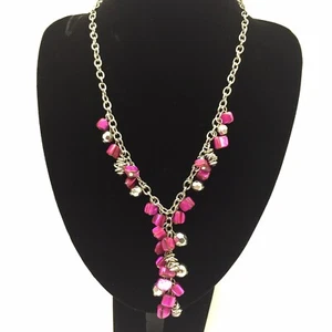 Vintage Silver Tone Chain Pink Magenta Dyed Shell Chip Bead Y Necklace 19" - 22" - Picture 1 of 5