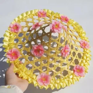 1pc Kids Braided Cap Straw Hat Hollow Out 3D Flower Wide Brim Stage Dancing Chic - Picture 1 of 9