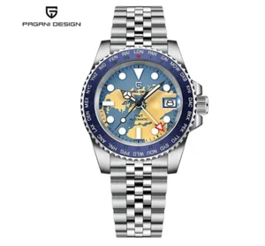 PAGANI DESIGN GMT Automatic Mechanical Watch PD-1758 Japan NH34 Black Blue World - Afbeelding 1 van 5