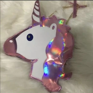 Holographic Unicorn Crossbody Purse Metallic Mermaid Pink Gold Chain Handbag - Picture 1 of 8