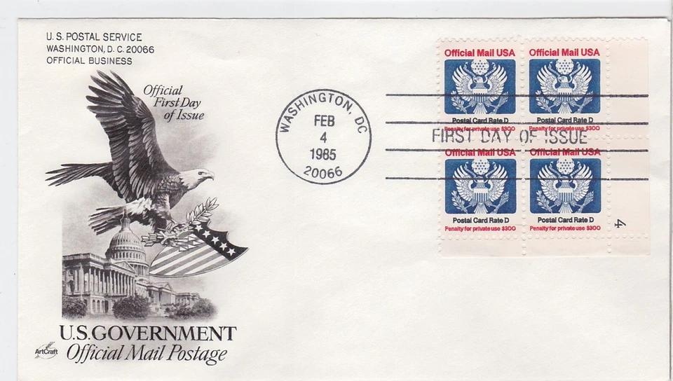 TurtlesTradingPost- Official Mail- #o138 FDC 1985 Artcraft Post Card D Plate Blk - Image 1 of 1