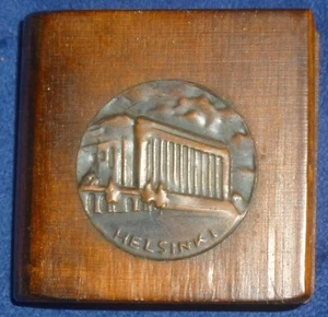 Vintage WOODEN MATCHBOX COVER w/ COPPER HELSINKI MEDALLION & Finnish Matchbox - Picture 1 of 5