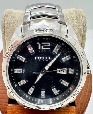 Reloj Fossil Para Hombre AM-4809 Todo Acero Inoxidable Cuarzo Circonita cúbica Baguettes En Esfera Fecha Foto 1 de 4