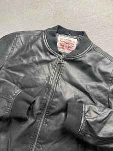 Levis Jacket Mens M Black Leather Polyester Full Zip Bomber Trucker - Picture 1 of 15