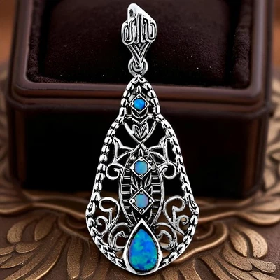 ANTIQUE STYLE 925 STERLING SILVER LAB-CREATED BLUE FIRE OPAL PENDANT        433X - Image 1 of 2