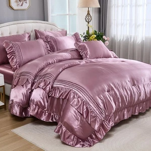 Luxus Satin Bettdecken Set 8-teilig Queen Bettdecke mit Laken Seide wie Sat... - Bild 1 von 9