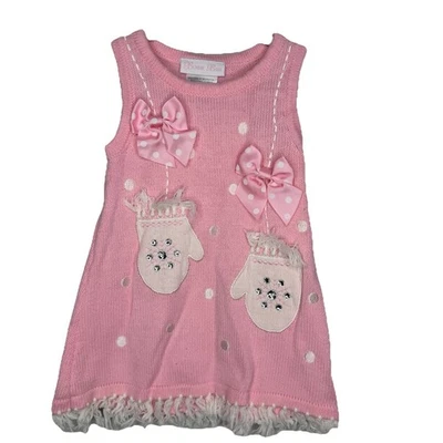 Bonnie Baby Girl's  18 Month Knit Dress Pink Mitten Print White Bows Ruffle - Image 1 of 4