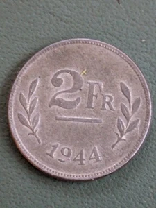 BELGIUM 1944 2 FRANCS, Allied Occupation Coinage ZINC CLAD STEEL - Picture 1 of 2