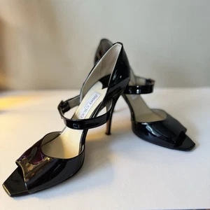 Jimmy Choo Women's Black Patent Leather Peep Toe Pumps W/ Strap Gold Buckle Sz 9 - Picture 1 of 13