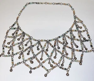 Vintage EGYPTIAN Revival Bib Collar Necklace Faience BEADS 16” Neutral w/ Bells - Picture 1 of 14