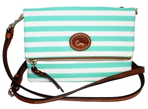 DOONEY & BOURKE Sullivan Foldover Zip Crossbody Clutch Green White Stripe Nylon - Picture 1 of 9