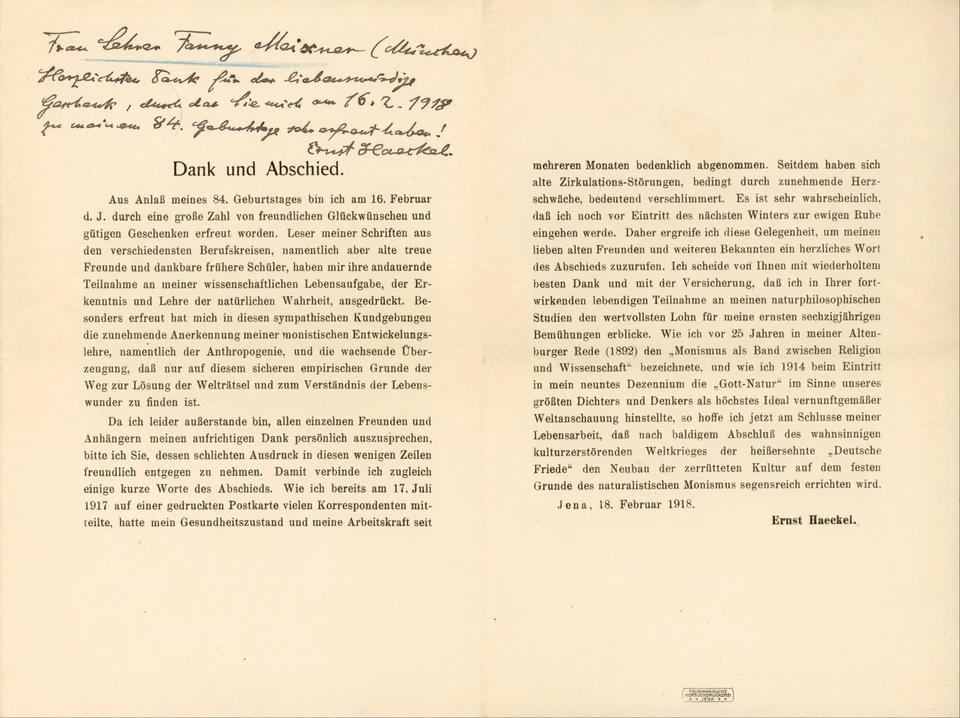 Ernst Haeckel Brief an Fanny (Franziska) Meixner - 16.2.1918 - Bild 1 von 1