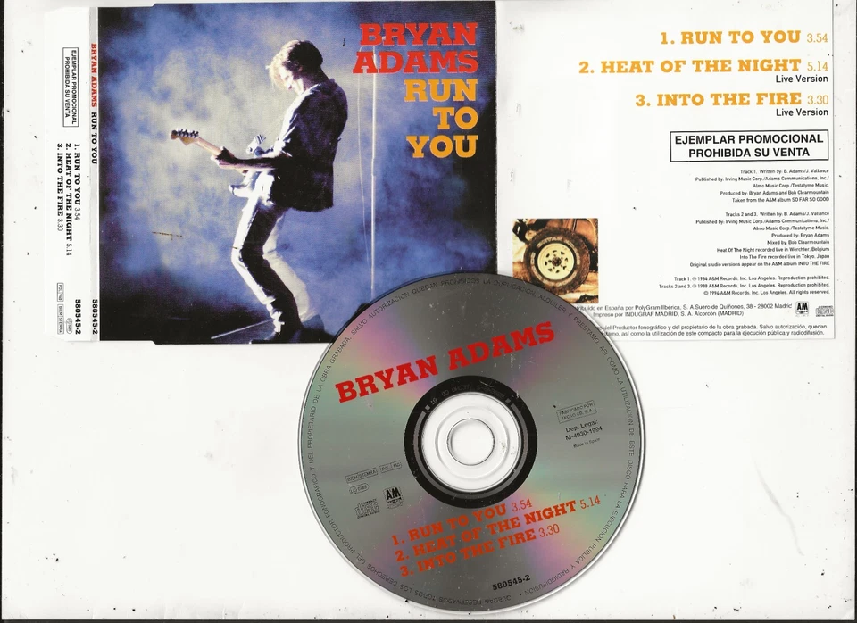 BRYAN ADAMS RUN TO YOU RARE 3-TRACK (2 LIVE) SPAIN PROMO CD SINGLE, MINT — 第 1/1 张图片