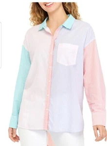 Women Cotton Multi colored Stripes Long Sleeve High Low Button Front Blouse Top - Picture 1 of 10
