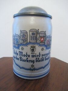 Vintage Stoneware German Slogan Beer Stein ½ Liter Mug Multi Brand w Pewter Lid