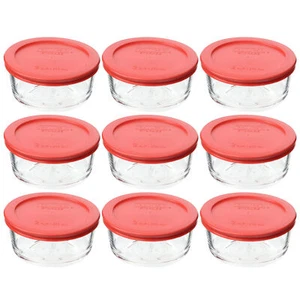 Pyrex (9) 7200 2 Cup Glass Bowls & (9) 7200-PC Red Lids - Picture 1 of 5
