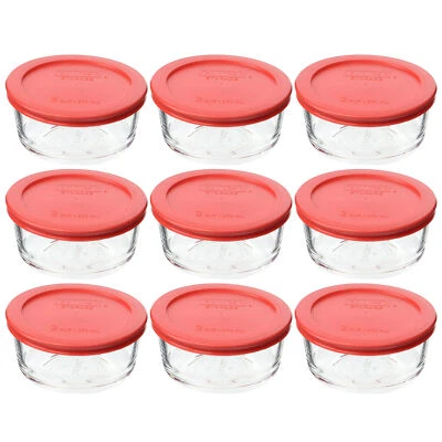Pyrex (9) 7200 2 Cup Glass Bowls & (9) 7200-PC Red Lids - Image 1 of 4