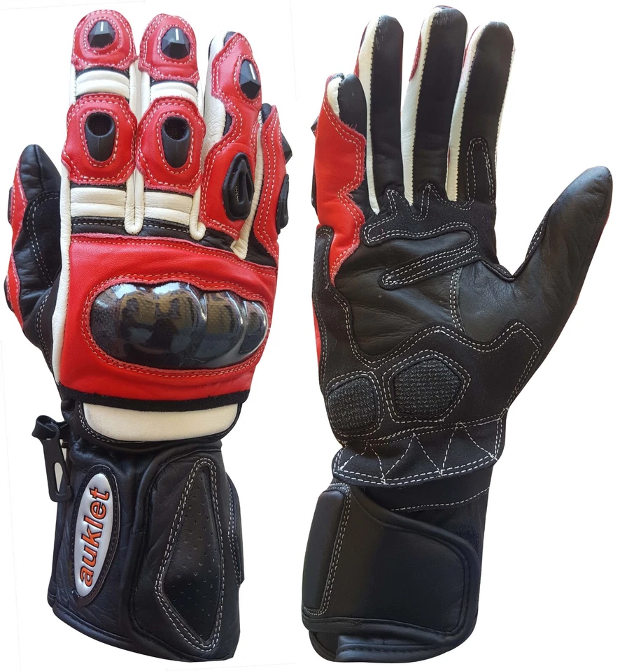 Guanti moto pelle  protezioni rigide dita palmo nocchie in carbonio pista Rosso - Immagine 1 di 4