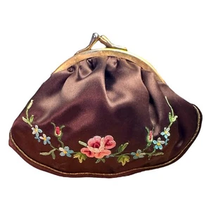 Vintage BERGDORF GOODMAN Embroidered Brown Satin Coin Change Purse Made France - Picture 1 of 9