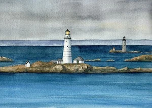 Boston Light & The Graves Lighthouse Boston Harbor Massachusetts Art Prints - Picture 1 of 2