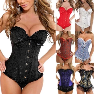 Women Sexy Overbust Boned Corset Burlesque Basque Top Lace Up Costume Plus Size - Picture 1 of 32