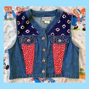 Vintage 1990s does 1970s hippie blue & red cropped patchwork denim vest size M/L - Picture 1 of 4