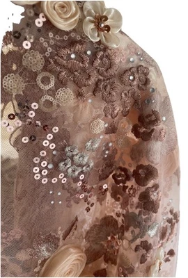 3D Lace Fabric Floral Embroidery Pearl Beaded Sequins Tulle Pearls Gowns Dress - Image 1 of 4