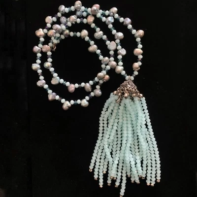 Elegante collar borla cuentas perlas de agua dulce vidrio facetado tonelada plateada 21" Foto 1 de 4