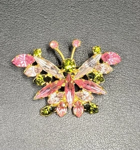VTG Made In Austria Butterfly Brooch Pink Green Crystal Rhinestone - Picture 1 of 4