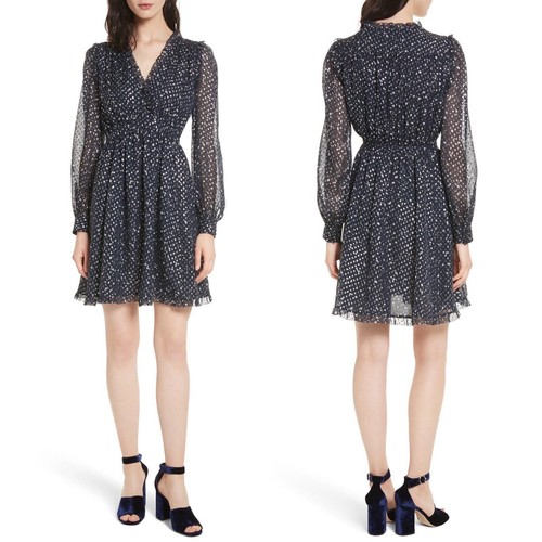 Abito donna Kate Spade 6 notti cielo seta blu lurex pois stella manica lunga NUOVO