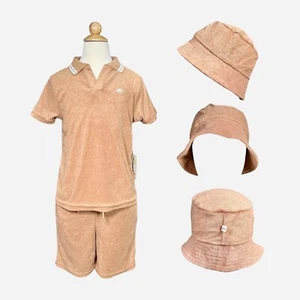 Bearpaw Boys Brown Terry Towel Short Sleeve Shirt Shorts Bucket Hat Sz 7 - Picture 1 of 14