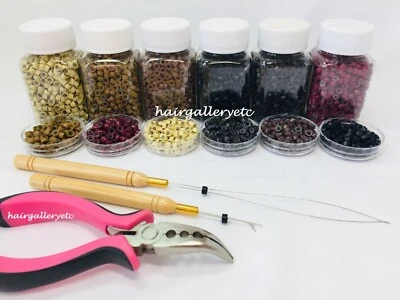 1000 MICRO CUENTAS DE SILICONA KIT DE HERRAMIENTAS DE EXTENSIÓN DE CABELLO PLUMA ALICATES GANCHO DE BUCLE EE. UU.  Foto 1 de 3