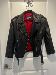 Black Vintage Leather Jacket With Shoulder Pads and Removable Belt - Picture 1 of 3