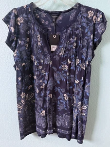 LUCKY BRAND Women's Large Ruffle Cap Sleeve V-Neck Blue Floral Blouse Top NWT - Picture 1 of 9
