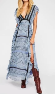 Free People Spellbound V-Ausschnitt Rüsche doppelt geschlitzt Maxikleid blau/schwarz/silber XS - Bild 1 von 10